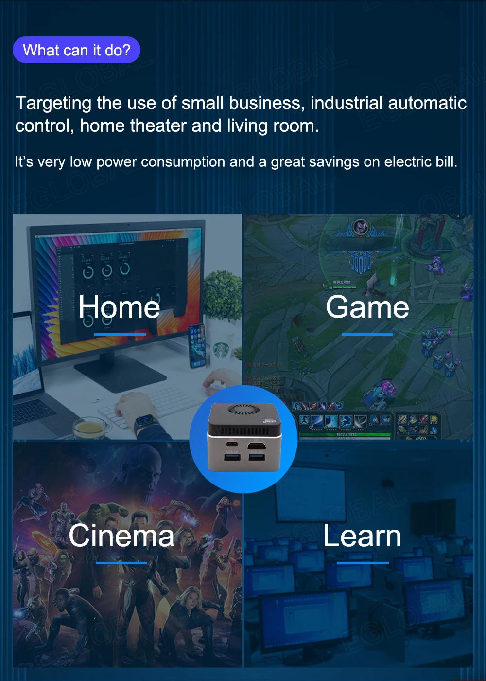 Eglobal Palm Computer with Intel Celeron N4100 Quad-Core, 8GB LPDDR4, 128GB SSD, 2.4G/5G WiFi, BT4.2, Mini PC - Windows 10 Pro Description Image.