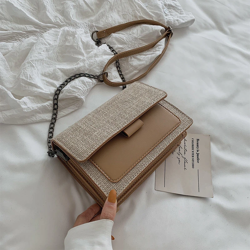 

Burminsa Small Patchwork Chain Crossbody Bags For Women High Quality Square Linen Flap Girls Shoulder Messenger Bags Summer 2019