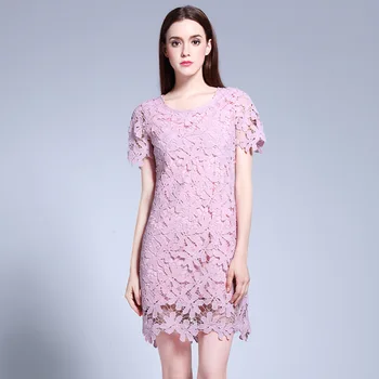 

2020 Women New Style Spring Sweet Style Pink Flare Sleeves Round Neck Lace Dress Casual Hollow Out Pure Color Plus Size Dress