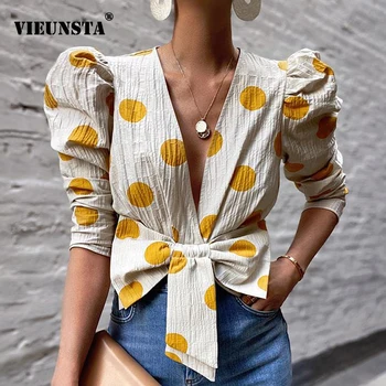 

Polka Dot Print Blouses Shirt Women 2020 Summer Sexy V-neck Bow Casual Shirts Spring Puff Long Sleeve Elegant Office Ladies Tops