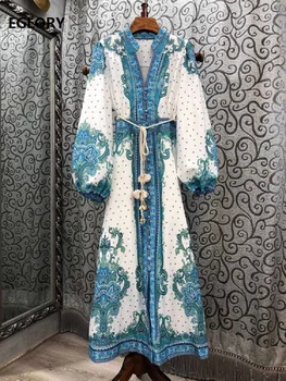 

2020 Autumn Fashion Long Dress High Quality Women V-Neck Elegant Flower Print String Belt Patchwork Long Sleeve Blue Maxi Dress