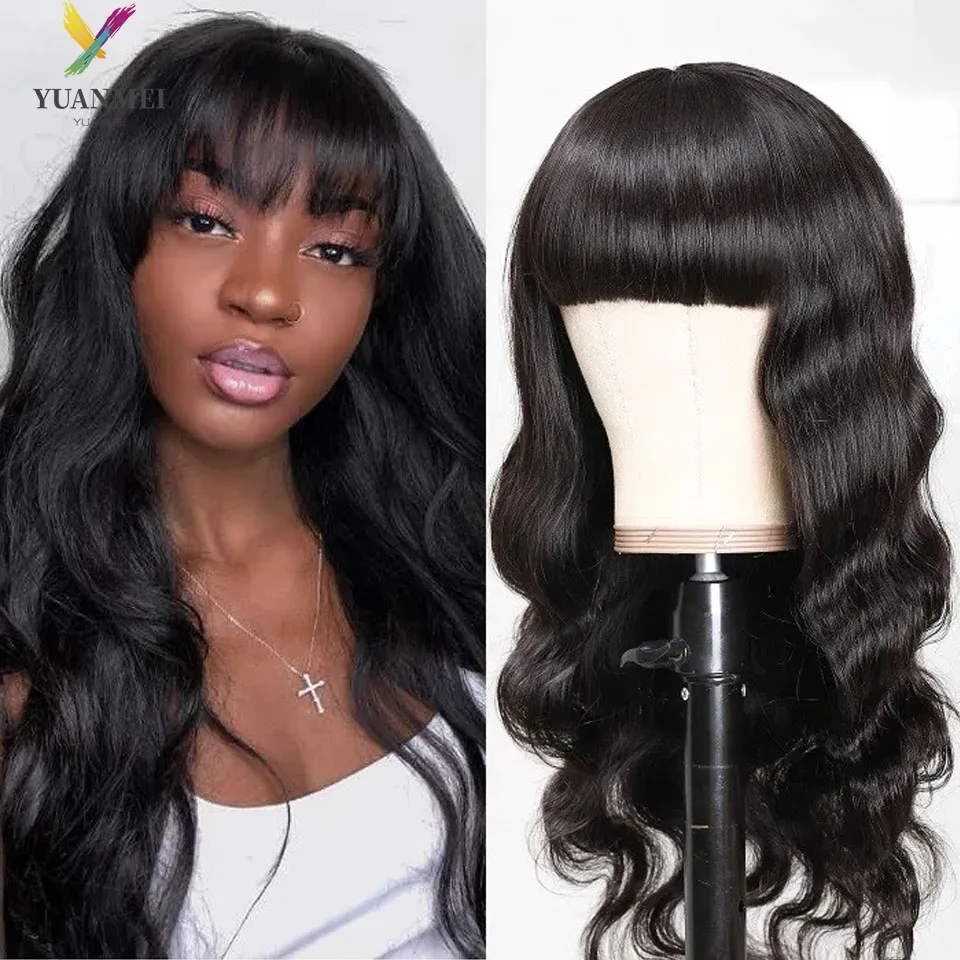 

Body Wave Human Hair Wig With Bangs Brazilian Fake Scalp Wigs For Women Full Machine Made Wig Natural Remy Hair Wigs 8-26Inches