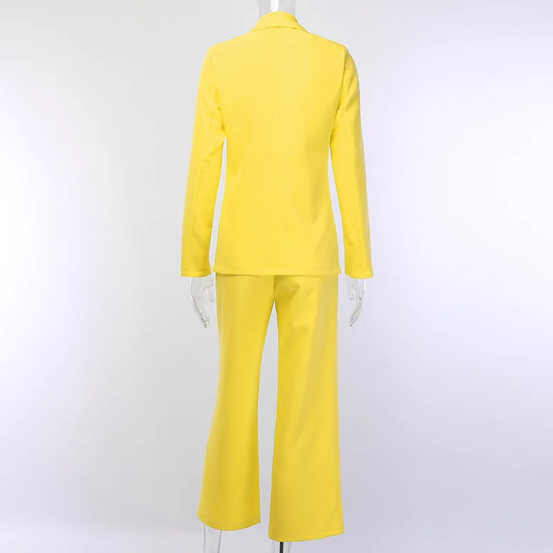 Shstyle желтый неоновый офисный костюм, женский Блейзер, куртка, брюки-клеш, сексуальный Повседневный Женский комплект из 2 предметов, осень зима