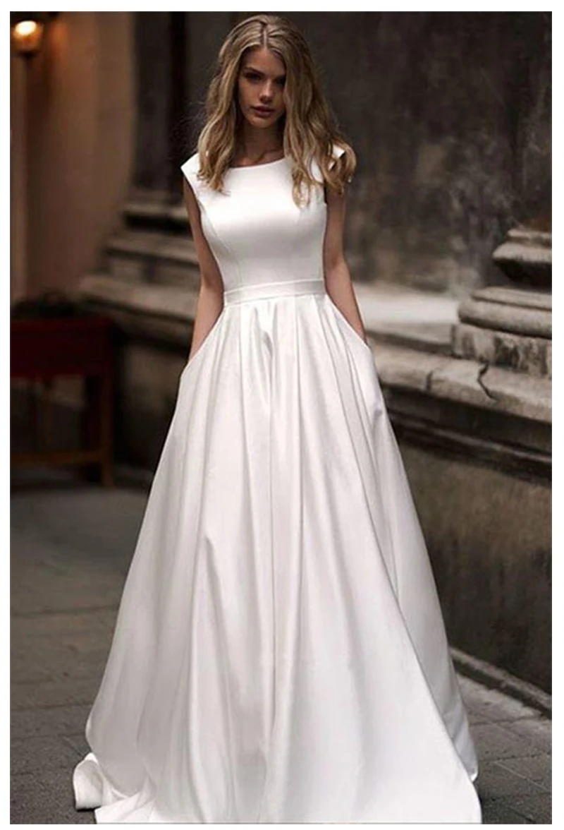 Свадебные платья с карманами Vestido de novia атласные белые свадебные платья без рукавов длиной до пола свадебное платье