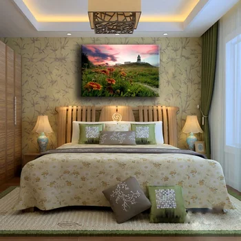 

Canvas Painting Living Room Wall Art 1 Piece Sky Sunrises Flower Field Lighthouse Pictures Prints Nature Poster Home Decor Frame