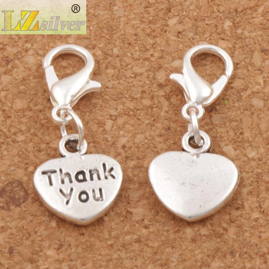 Thank You Heart Lobster Claw Clasp Charm Beads 100ps  26.6x10.9mm Zinc Alloy Jewelry DIY C373