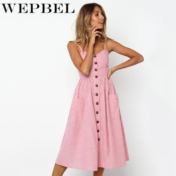 

WEPBEL Women Sexy Dress Long Summer Floral Beach Boho Strap Sleeveless Button Pocket Bohemian Ladies Dresses