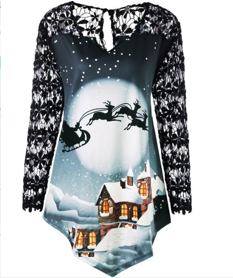 VITIANA Long Sleeve Lace Christmas Blouse Women Autumn Female V-Neck Sexy Party womens tops and blouses Plus SIze 5XL