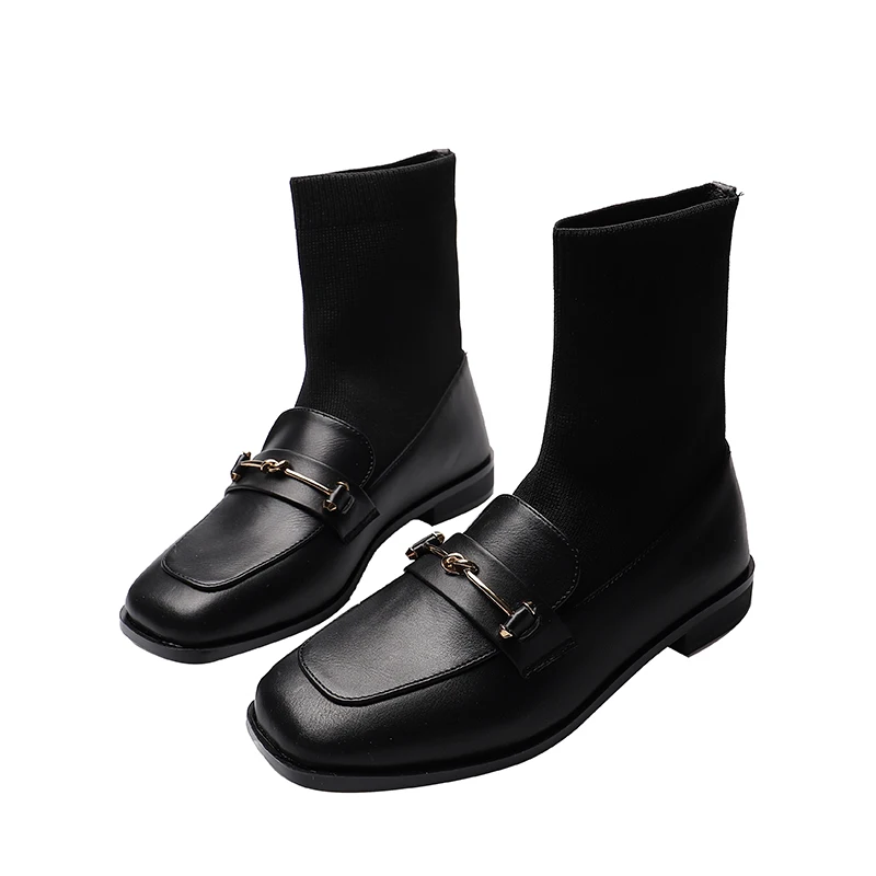 

New Korean Version of Women's Shoes 41-43 Single Shoes Small Leather Shoes Square Toe Socks Shoes Fashion Trend
