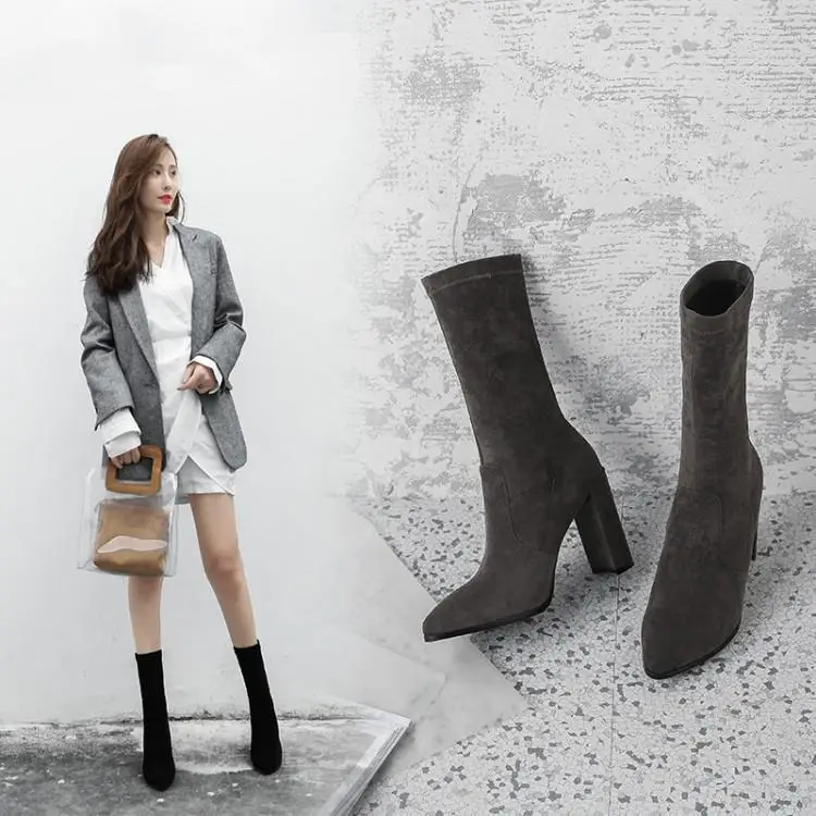 

Ins thin black boots boots in han edition thick with ultra-high documentary pointed elastic female suede boots shoes