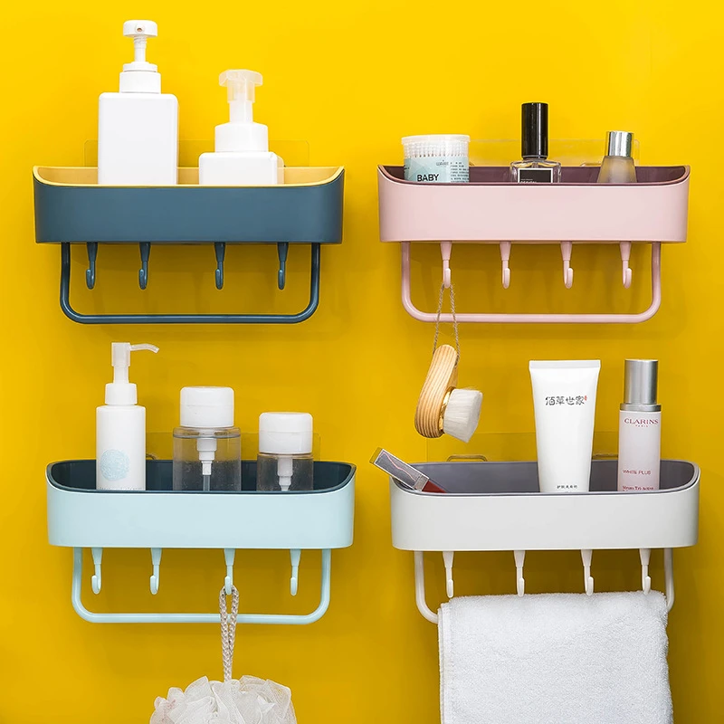 Plastic Corner Shelf Suction Cup Shelf Towel Hooks Shower Wall Mounted Bathroom