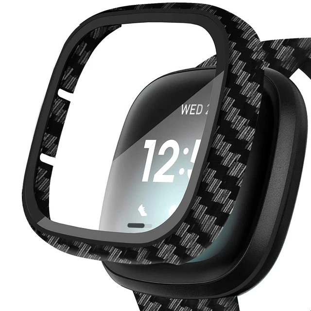 Ultra-Thin Glass Screen Protector Compatible With Fitbit Versa 3/Sense Soft Protective Case All-Around Full Cover Bumper Shell Carbon Fiber