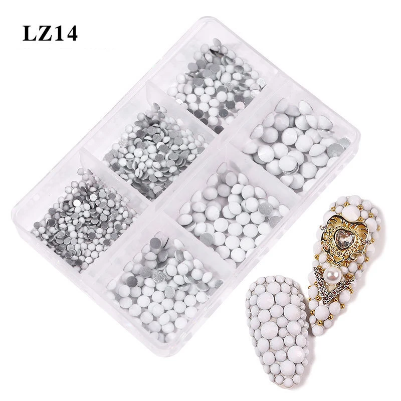 Nail Art Rhinestones Crystal Flat Bottom Mixed Color Multi-Size AB Porcelain White Champagne 6 Grids 3D Nails Decoration