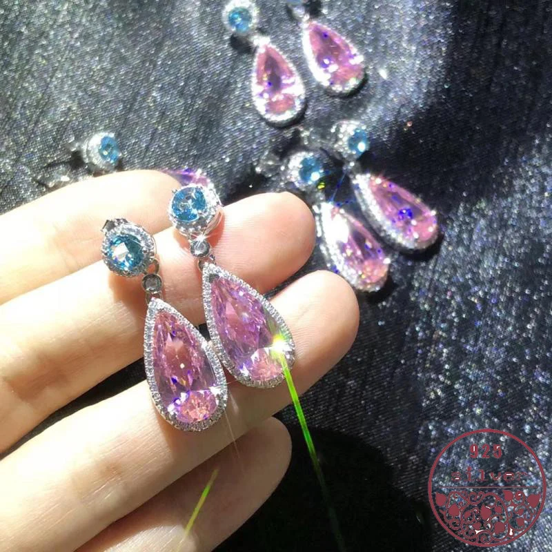 

100% 925 Sterling Silver Tide Pink Water Drop Pin Long Earring Temperament Wild diamond earrings Valentine's Day gifts for women