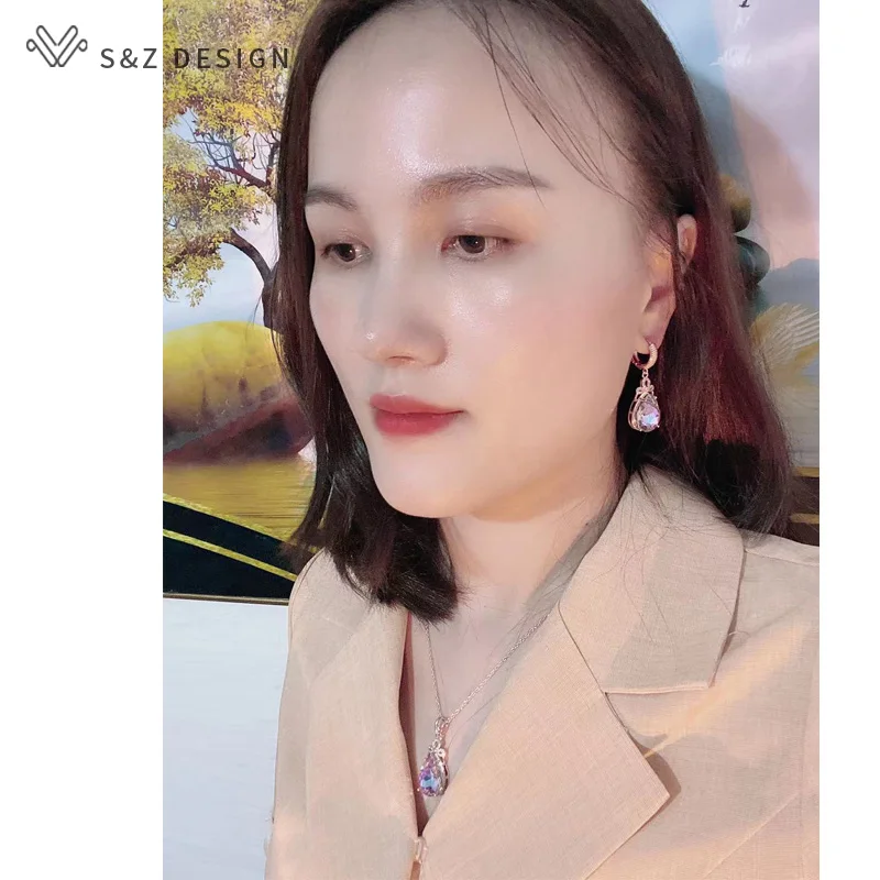 S&Z DESIGN New Luxury Cubic Zirconia Water Drop Colorful Crystal 585 Rose Gold Color Pendant Necklace For Women Wedding Jewelry