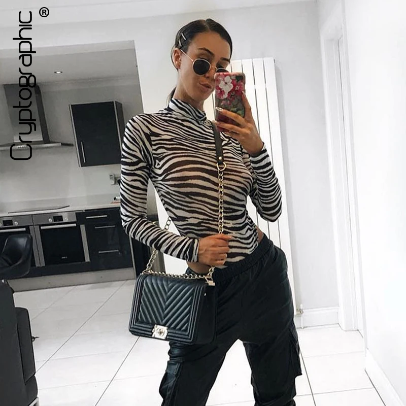 

Cryptographic Zebra Print Fashion Mock Neck Sexy Bodysuits Women Tops Spring Long Sleeve Bodysuit Rompers Female Bodysuit Slim