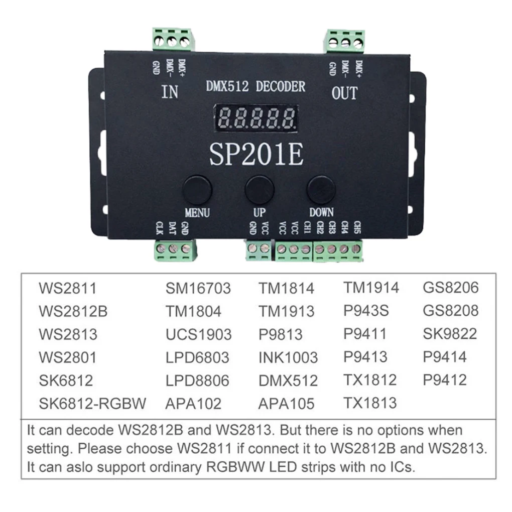 WS2811 WS2812B DMX to SPI Led Controller Decoder and WS2812 led Matrix Panel SP201E 5 Channel DMX 512 RGB WW Decoder Controller