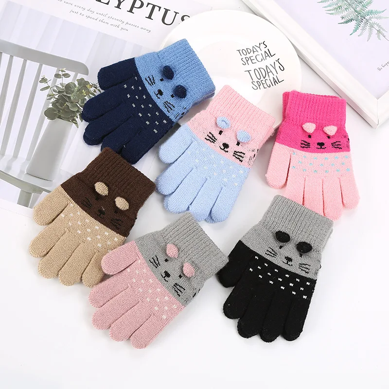Girls Cute Cartoon Cat Gloves Winter Thick Knit Boys Kids Newborn Mittens Children Keep Finger Warm For Baby 3-7Years Old | Детская