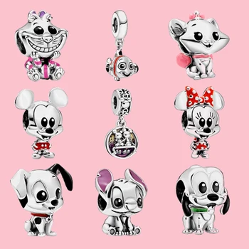 

100% S925 Sterling Silver Miqi Mini Mouse Pluto Cat Finding Nemo Dalmatians Patch Stitch Enamel Charm Babies Collection
