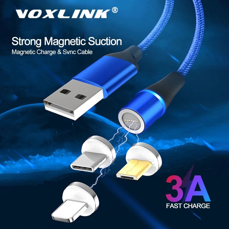 Магнитный USB кабель VOXLINK 1 м LED для iPhone Xs 6 7 TypeC и Micro в нейлоновой оплетке Samsung Xiaomi Huawei