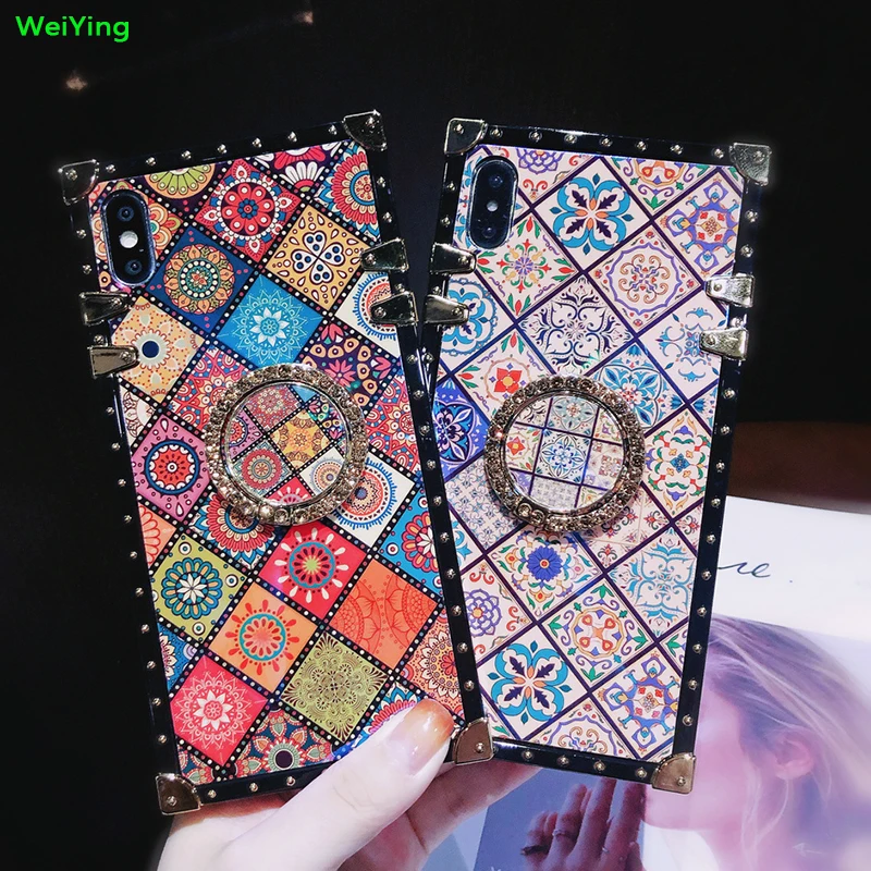 

Luxury Square Blu-ray Bohemian Ethnic Style Frame Case for iPhone 7 8 Plus 6 s 11 pro xr xs Max X Soft Silicon for Samsung Cover
