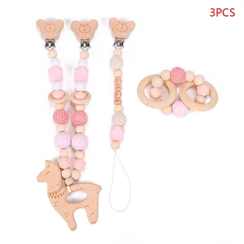 

3 Pcs/Set Baby Pram Pendant Rattle Pacifier Chain Clip Bracelet Wooden Teether