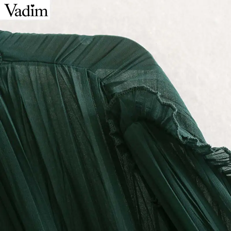 Женское элегантное платье vadim, однотонное шифоновое платье миди с оборками, эластичная талия, длинный рукав, женские повседневные платья, прозрачные платья QC856