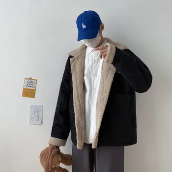 

2019 New Large Size Winter Simple Popular Men's Loose Lamb Hair Stitching Claw Buckle Thick Casual Cotton Coat