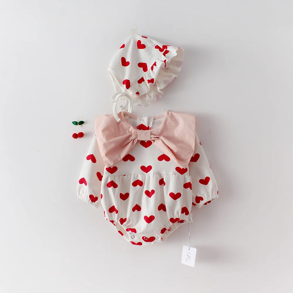 Roupas da Criança do Bebê Macacão + Chapéus Bebê Recém-nascido Meninas Bodysuit Gravata Borboleta Coração Impressão Manga Longa Macacão Trajes 5 High Quality Mamãe e Bebê