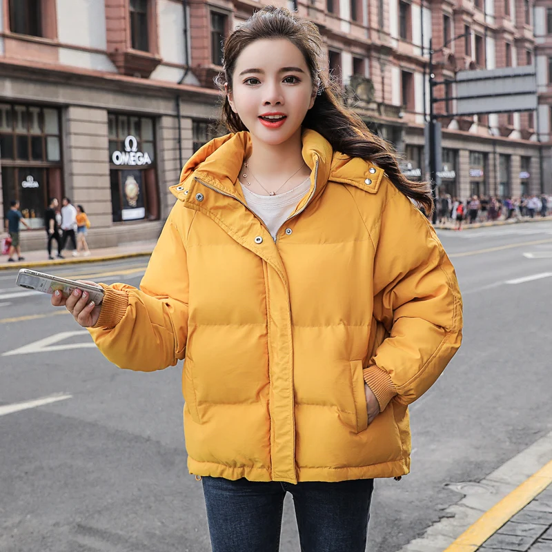 Модная новая осенне-зимняя куртка женская куртка с капюшоном короткая тонкая однотонная парка на молнии теплая Студенческая зимняя верхняя одежда - Цвет: yellow