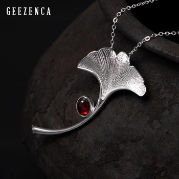 

925 Sterling Silver Ginkgo Leaf Garnet Pendant Necklace 2019 Autumn Sweater Chain Original Design Necklace Fine Jewelry Women