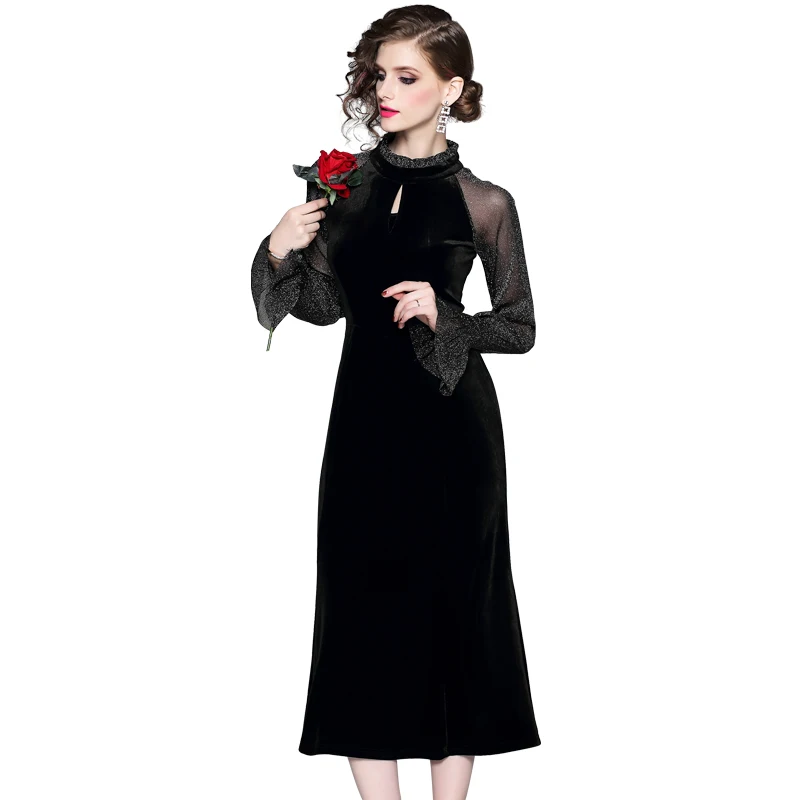 

New Women dress Patchwork Mesh Collect Waist Fishtail Velvet Dresses Wine Red Black 3597