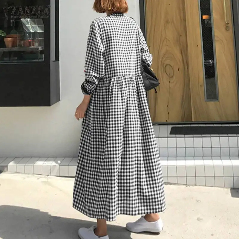 ZANZEA, женское длинное макси платье, повседневное, длинный рукав, vestidos,, винтажное, женское, в клетку, длинная рубашка, платья, Пляжное, для вечеринки, сарафан