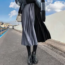 Блестящая бархатная плиссированная юбка цвета металлик для женщин; сезон осень-зима; винтажная контрастная цветная юбка с высокой талией трапециевидной формы; длинные юбки средней длины для женщин