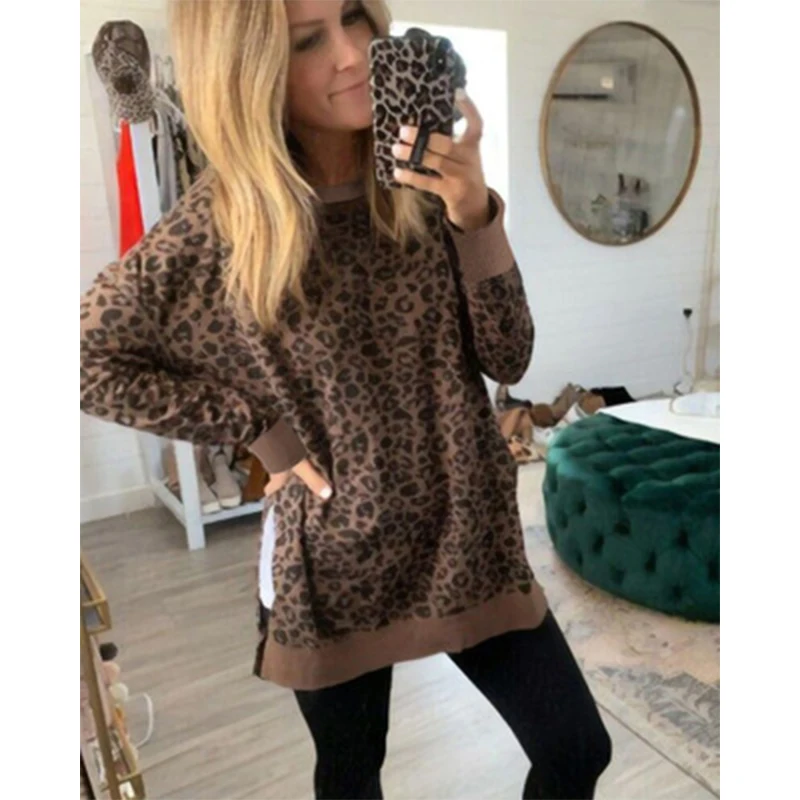 Flash Sale  Women Pullovers Tops Leopard Print Hoodies Jumper Sweatshirt Fall Lady O-Neck Irregular Hem Hoody S