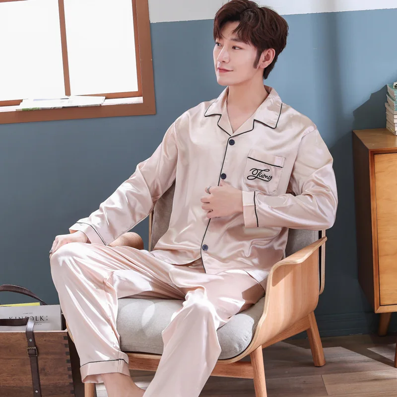 

Pajamas Men Summer Viscose Thin Long Sleeve Men's Tracksuit Spring And Autumn Model Silk Set 621 Beige