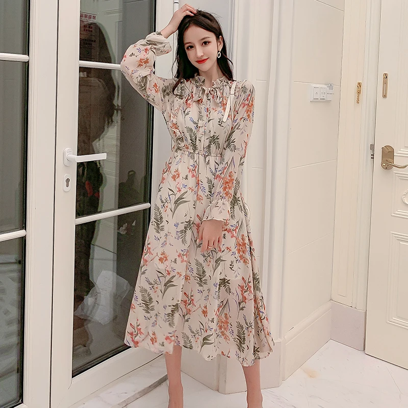 Herbst Chiffon Kleider 2020 Nes Mode Casual Langarm Floral Print Party Kleid  Weibliche Hohe Elastische Taille Bohemian Kleid|Dresses| - AliExpress