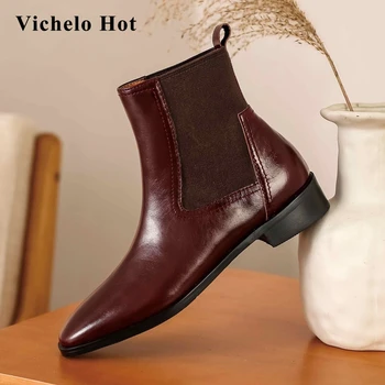 

Vichelo Hot new arrival short boots cow leather stretch classic colors round toe thick med heel slip on leisure ankle boots L8f1
