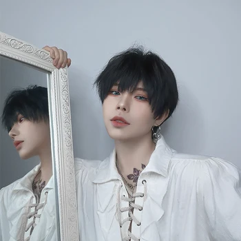 

MEIFAN Cosplay Lolita Short Straight Fluffy Wig with Bangs Natural Fake Hair for Women/Man Synthetic Anime Halloween Party Wig