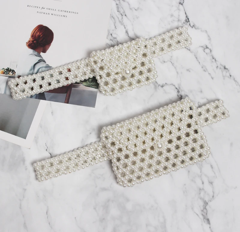 

2019 Newest Handmade Knitted Pearl Waist Packs Women Vintage Wide Elastic Pearl Waist Belt With Bag Phone Purse Fanny Packs Bag