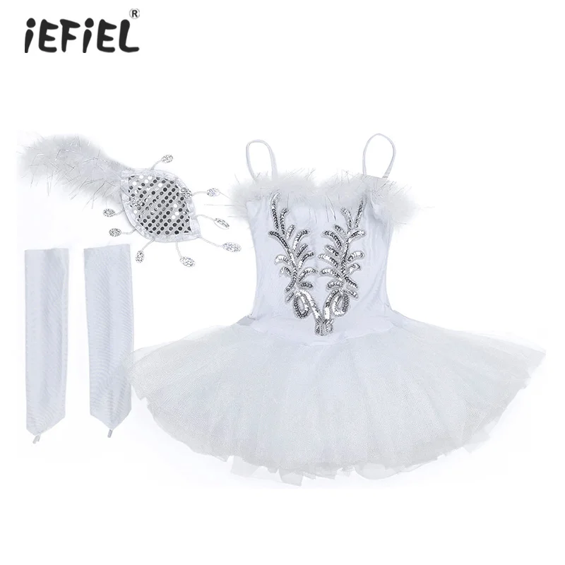 New Swan Girls Tutu Ballet Dress Spaghetti Straps Sequins Ballerina Dance Gymnastics Leotard with Gloves Hair Clip | Детская одежда и