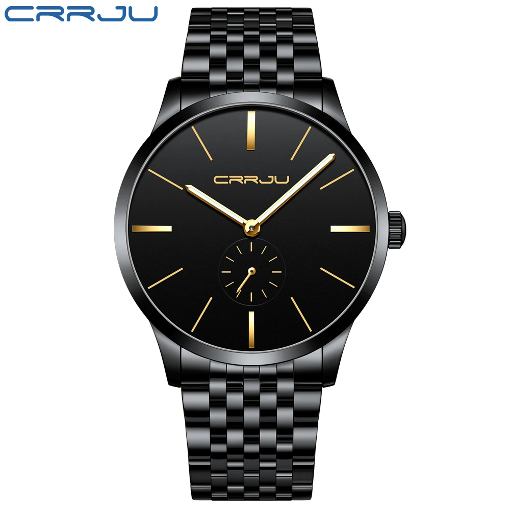 CRRJU мужские часы, модные водонепроницаемые аналоговые часы, повседневные спортивные водонепроницаемые светящиеся часы из нержавеющей стали - Цвет: Black Gold