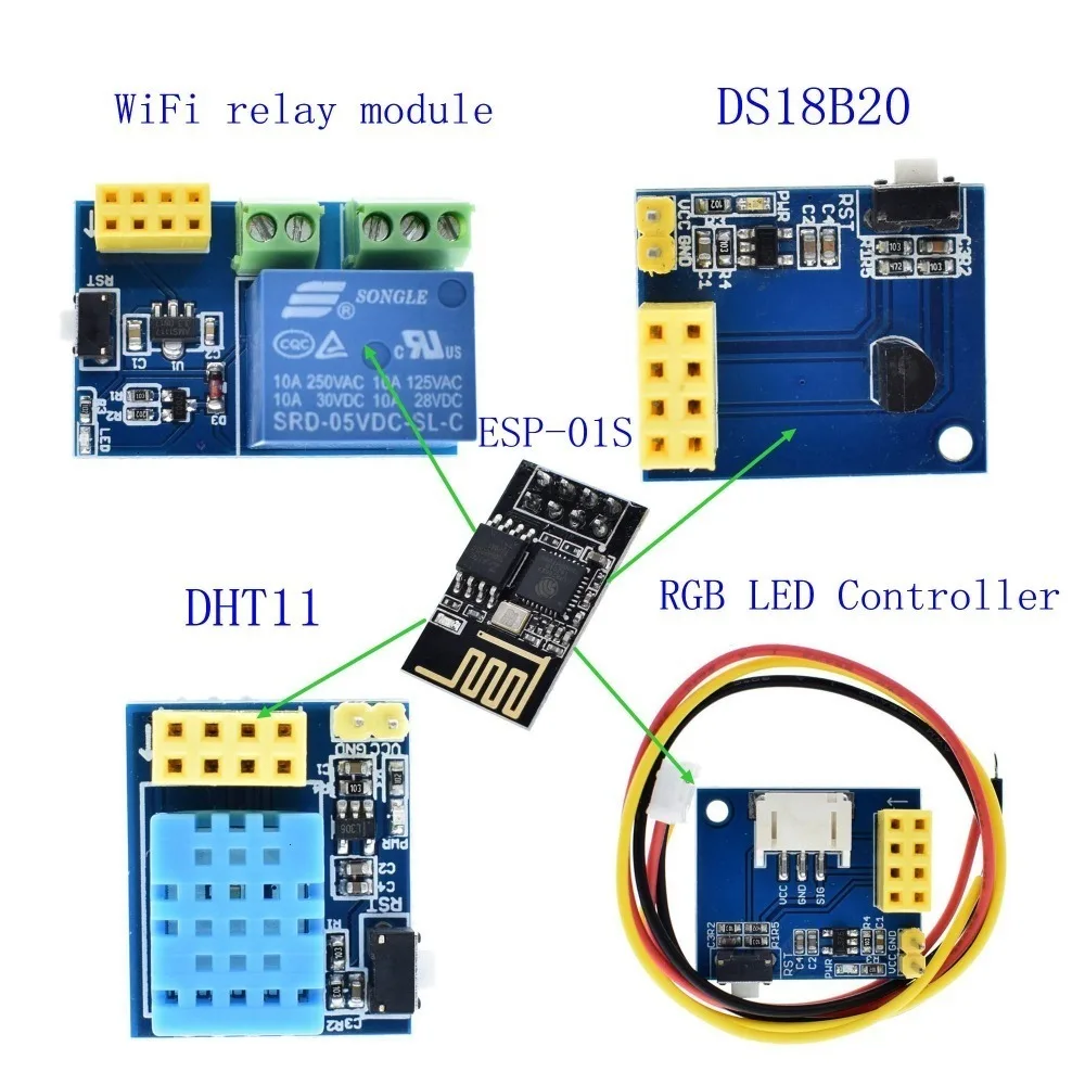 ESP8266 5 в Wi-Fi Релейный Модуль DS18B20 DHT11 RGB светодиодный пульт управления, умный дом, пульт дистанционного управления, телефонное приложение, ESP-01S