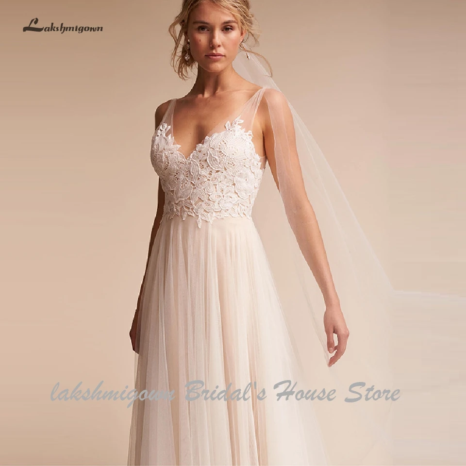 Lakshmigown простое ТРАПЕЦИЕВИДНОЕ свадебное платье с v-образным вырезом на спине Robe de Soiree сексуальное длинное свадебное платье с шлейфом для невесты, Пляжное свадебное платье с кружевным верхом