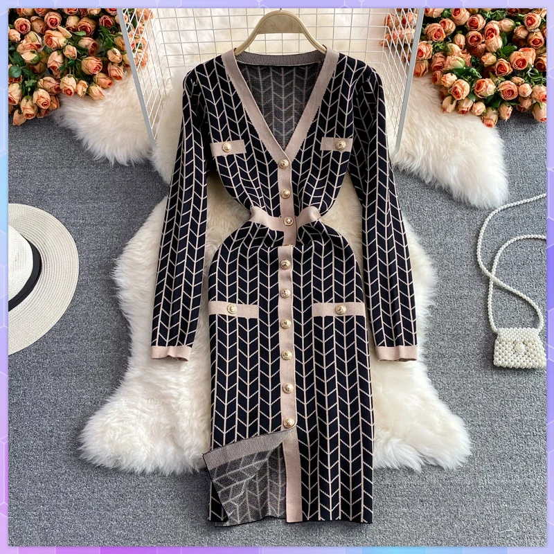 

Korean Chic Autumn Knit Dress Women Elegant V-Neck Long Sleeve Plaid Pattern Buttons Skinny Midi Work Party Dresses Office Wear