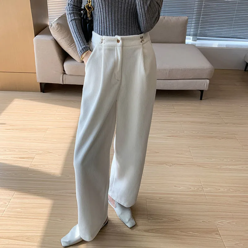 Women's Wide Leg Pants Corduroy High Waist Autumn Winter Drape Feel Loose White Straight Aesthetic Femme Baggy | Женская одежда