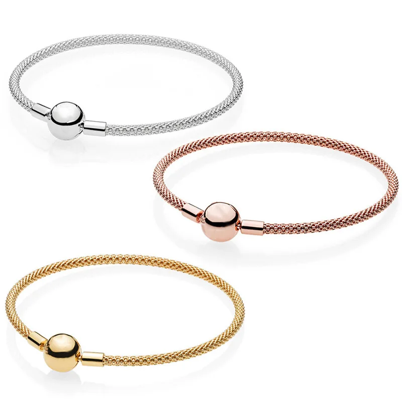 

New Fit Pandoras Moments 925 Silver mesh weaving Bracelet Women Diy Beads Charm Rope chain Jewelry Bangles Valentine's Day Gift