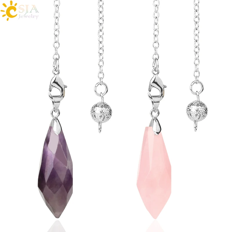 CSJA Natural Crystal Stone Pendulum for Dowsing Divination Multifaceted Water Drop Pink Quartz Obsidian Reiki Point Pendule G618
