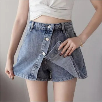 

2019 Spring New Women High Waist Single-breasted Denim Shorts Skirts Korean Woman Vintage Jeans Shorts 2 Colors S-2XL