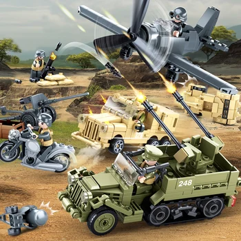 

WW2 Military Series Aircraft Plane Fighter Army Tank Armored car cannon tractor mortar Model Building Block Toys For Children